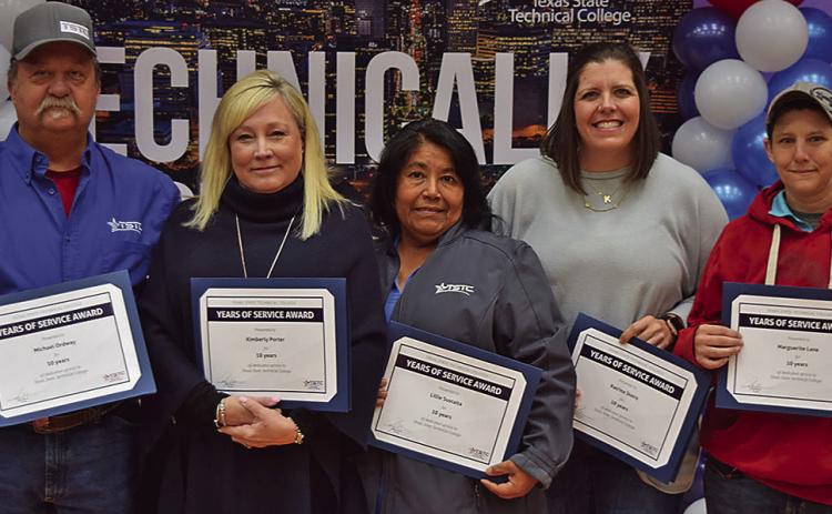 Honored for 10 years of service were Marguerite Lane, Information Technology field support tech; Michael Ordway, maintenance mechanic; Kimberly Porter, vice president of sales; Katrina Stotts, Health Information Technology instructor; Lillie Sustaita, custodial; and Karen Waller, vice president of facilities planning and construction