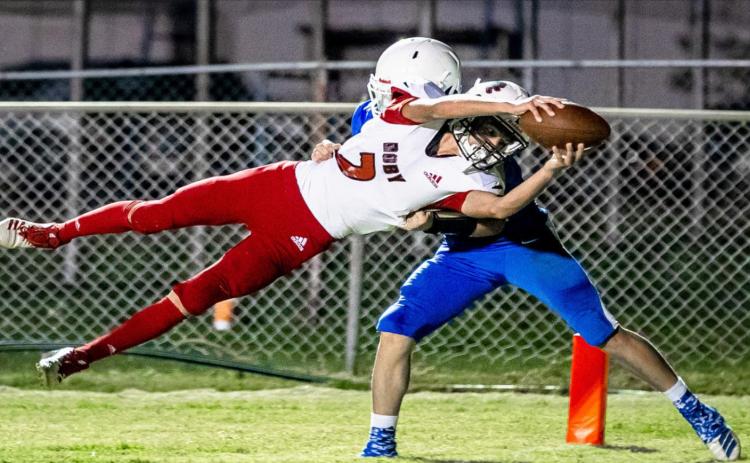 Roby Lion Sophomore, Josh Adames dives for the endzone for a touchdown during the last Friday's game against Rule