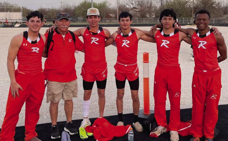 Yellowhammer relay teams: Juan Garza, Coach Joe Thomasson, Kaeden Krebsbach, Jose Garza, Cristian Garcia, Jordan Daniel.