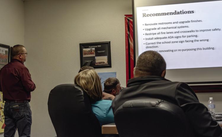 Greg Decker with Gallagher Construction reviewed the company's July facilities assessment with Aspermont trustees last week, which included more targeted approaches as well as sharing information about project costs should the district seek a future bond election.