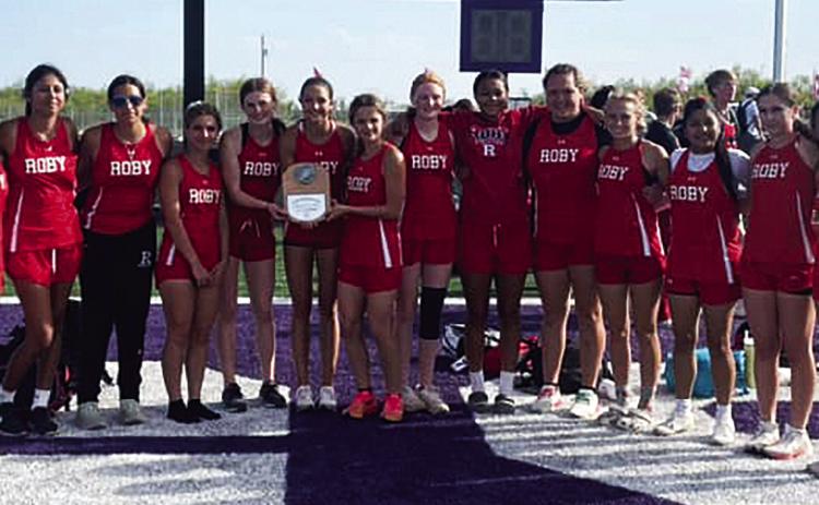 Area Track &amp; Field Champion Roby Lady Lions L-R: Emma Carreon, Yessica Perez, Ivy Espinosa, Lilly Benson, Taylor Jeffrey, Hailee Garmer, Chasity Benson, Abigail Carlisle, Joselynn Williams, Calie Hernandez, Brylie Duniven, Carly Jimenez, Avery Carreon, Saylor Smith. They will move on to compete at the 1A Region 2 Track Meet in San Angelo this Friday &amp; Saturday. (COURTESY PHOTO FROM ROBY ATHLETIC BOOSTER CLUB)
