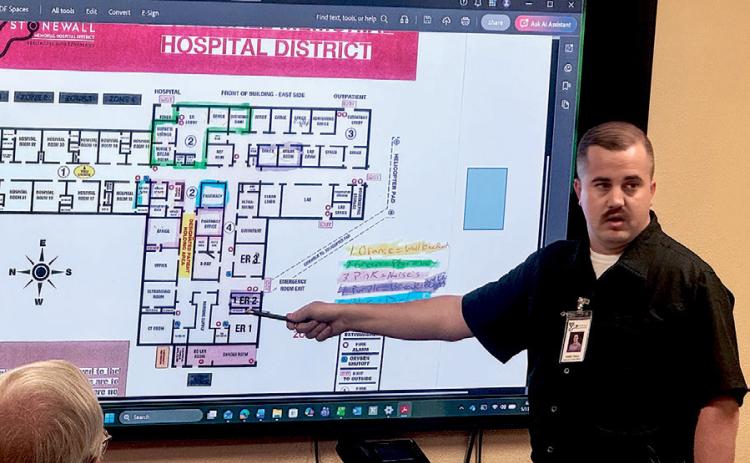 Director of Operations Cody Hall walks directors through the floor plan as he explains the phased renovation schedule during the board’s May meeting. PHOTO BY JEFF HURT