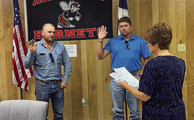 Aspermont City Secretary Tammy Gibson swore in newly appointed council members Blake Fryer and Cody Myers on Tuesday, filling vacancies left after councilmen Jackie Bingham and Lane Smith’s resignations this summer. Fryer will serve the remainder of a one-year term, and Myers will serve out the longer two-year term.