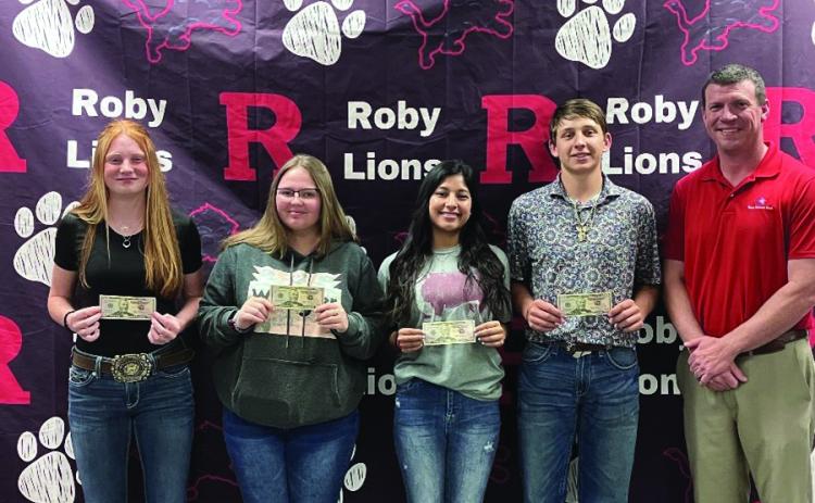 Pictured (L to R): Abigail Carlile-Freshman, Sara Baily-Sophomore, Carly Jimenez-Junior Dawson Shipp - Senior, Chris Bibb- Texas National Bank Senior Vice President