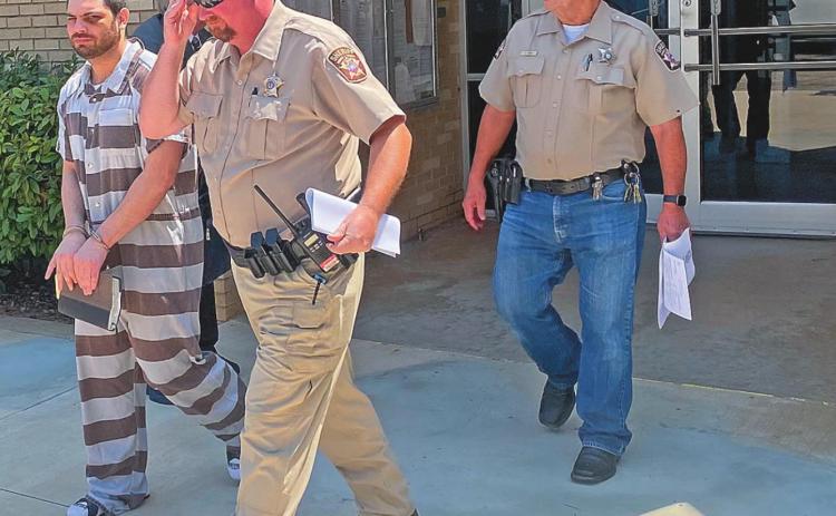 (Pictured Right) Fisher County Sheriff Randy Ford and Deputy Erick Reynolds escort Christopher Gonzales from the Fisher County Courthouse on Wednesday after his guilty plea and subsequent 12-year-sentence