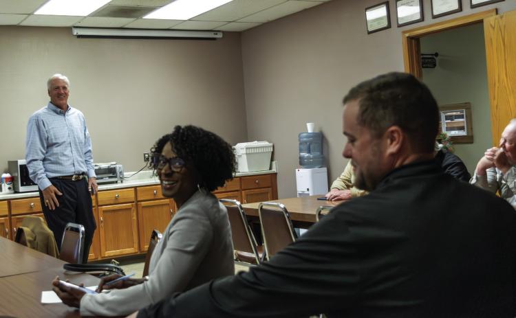 Candice McGuire and Kyle Medders with Bair Energy — a company working on a hydrogen energy project in Sylvester — joined Fisher County residents in discussions with Rep. James Frank on a tour of Texas House District 69 on Tuesday.
