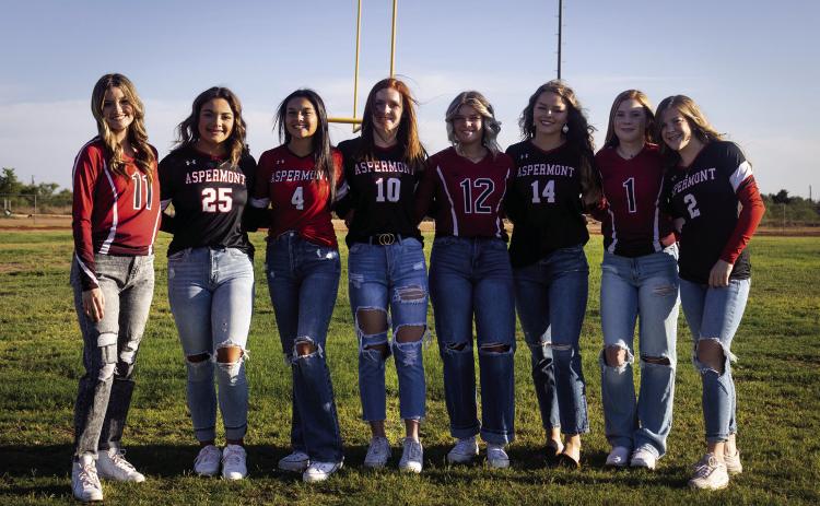 Lady Hornet Cheer Squad L- R: Hadley Mclaury, Peyton Calamaco, Leah Salazar, Tatum Polk, Regan Polk, Shelby Martin, Matti Polk, Mylee Van Meter. Not pictured: Katelyn Salinas