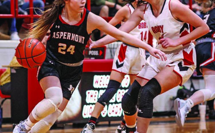 Aspermont's Shelby Martin fights to get around Roby's Mackenzie Castillo during the Lady Hornets 30-34 loss to the Lady Lions last Friday night. The Lady Hornets finish 2nd in District and will enter the playoffs with game information to be determined. PHOTO BY: TRICIA HURT.