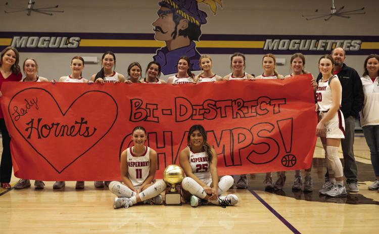 Left: Bi-District Champion Aspermont Lady Hornet Basketball Team L-R: Coach Tiffany Potts, Raelynn Bradley, Tatum Polk, Jessi Rabel, Alexus Garcia, Peyton Calamaco, Georgia Fraser, Ashlyn Holson, Shelby Martin, Matti Polk, Mylee Van Meter, Kelly Lowack, Coach Pat Potts, Coach Carey Rabel. Bottom L-R: Addi Shugart, Lauren Rojas. PHOTO BY: MARK MARTINEZ
