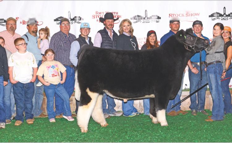 Fisher County 4-H exhibitor Kinley Barnett, joined by family and friends, proudly presents her show steer, which earned the title of Medium Weight Reserve Champion European Crossbred Steer at the Fort Worth Stock Show &amp; Rodeo, Photo Courtesy of FWSSR