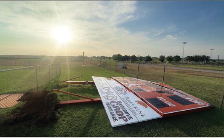 The scoreboard at the H Govan Memorial Stadium in Rotan was flattened by the storm that blew in on June 21st.