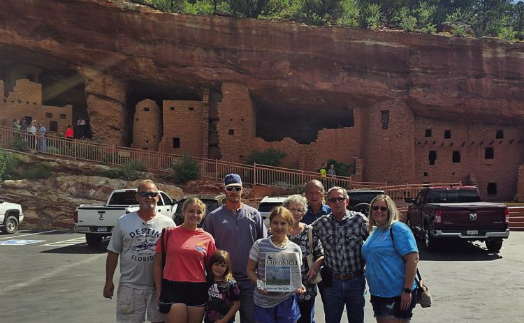 The DMC took a trip to Manitou Springs, Colorado and explored the cliff dwellings with the Messick family this summer. Pictured above: Larry, Olivia, Brinley, Justin, Kayleigh, Peggy, Raymond, Loyd Dean, Angela Messicks. Going on a trip, whether near or far? Take the Double Mountain Chronicle. You can email your photo to publisher@dmchronicle.com or text us at 325-933-8129