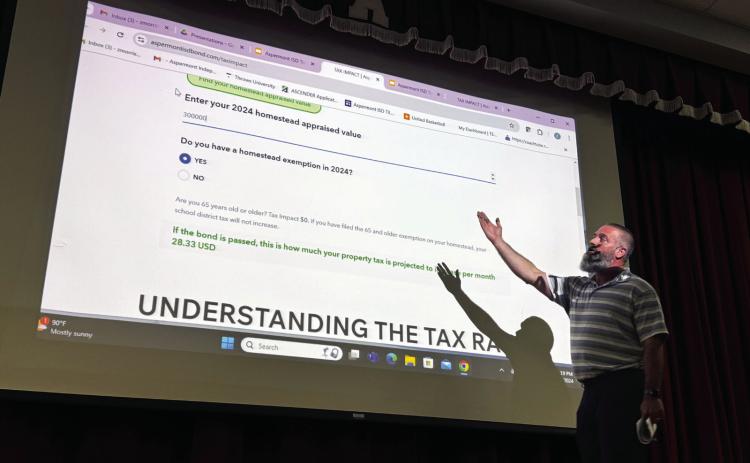 AISD Superintendent Zach Morris walks attendees at Monday’s town hall meeting through the tax calculator available on the website for voters to learn more information about the district’s $7.5 million bond proposal.
