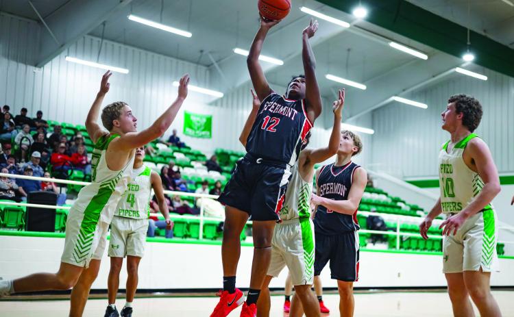 Aspermont's Isaiah Johnson puts up the game tying layup to force an overtime between the Hornets &amp; Pipers. P hoto by: Mark Martinez