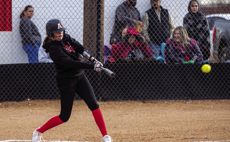 Aspermont's Georgia Fraser hits a line drive during the Lady Hornets 18-3 dominant win over Knox City this past Monday. The Lady Hornets next matchup will be against district foe Hermleigh this Friday at 5pm in Hermleigh. PHOTO BY MARK MARTINEZ