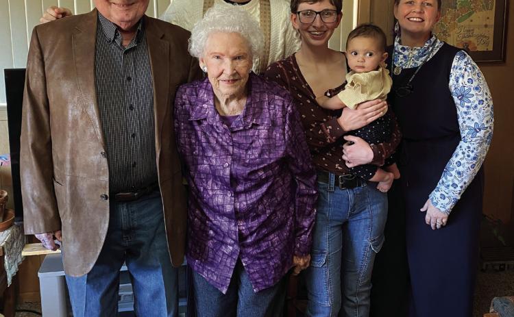 Mary was surrounded by family and friends at her 94th Birthday party held at the Rotan First Baptist Church. 5 generations of Hudnall's: (L-R) Her son David, Mary, London (Great Granddaughter,) who is holding her daughter, Charli (Great-great granddaughter), Kim (granddaughter) and standing in the back is grandson Cartter.