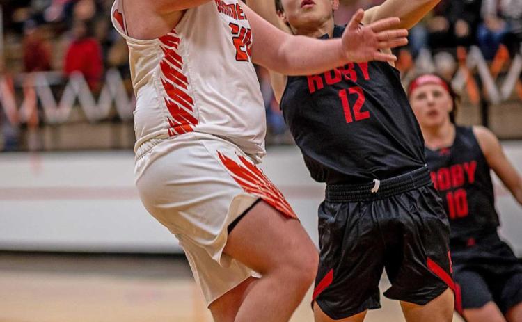Rotan Yellowhammer Senior, Dylan Jeffrey puts two points on the board to ehlp secure a win agains the Roby Lions.