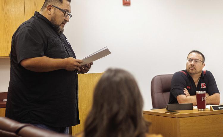 James Flores presents his opening statement Tuesday morning to the UIL District Committee regarding allegations his son Zacary Flores transferred to Roby CISD for athletic purposes.