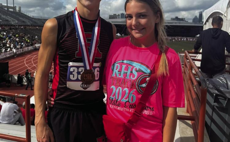 Roby Junior Camden Lummus with sibling and fellow State competitor freshman Berklee Lummus. Lummus, in his second consecutive appearance at the State Track &amp; Field Meet, came away with a Bronze medal finish in the 3200 M Run, his first medal in Austin. Courtesy Photo.