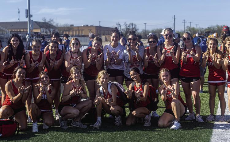 Members of the Roby Lady Lion &amp; Aspermont Lady Hornet track teams pose together after both teams tied for 1st Place at the Area track meet last Thursday in Benjamin. Standing L-R Hope Garmer, Mackenzie Castillo, Laja Mawick, Avery Carreon, Matti Polk, Regan Polk, Jessi Rabel, Addi Shugart, Lizbeth Garcia, Shelby Martin, Raelynn Bradley, Lilly Benson, Chasity Benson. Kneeling L-R: Peyton Calamaco, Emma Carreon, Mylee Van Meter, Ashlyn Holson, Leah Salazar, Kenzy Blankenship. Photo by Mark Martinez