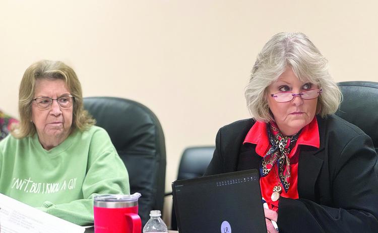 Ruthie Elkins (left) and Ellen Abernathy, president of the Stonewall Memorial Hospital District Board, listen as administrators present financial reports during the board’s February meeting.