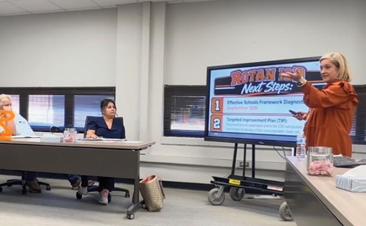Region 14 Education Service Center representative Pam Toker explained Rotan ISD’s C rating and the necessary steps it must take during its two-year comprehensive support and improvement process.