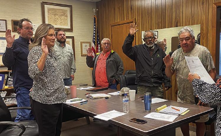 Members of the Rotan City Council are sworn in before the regular meeting Monday