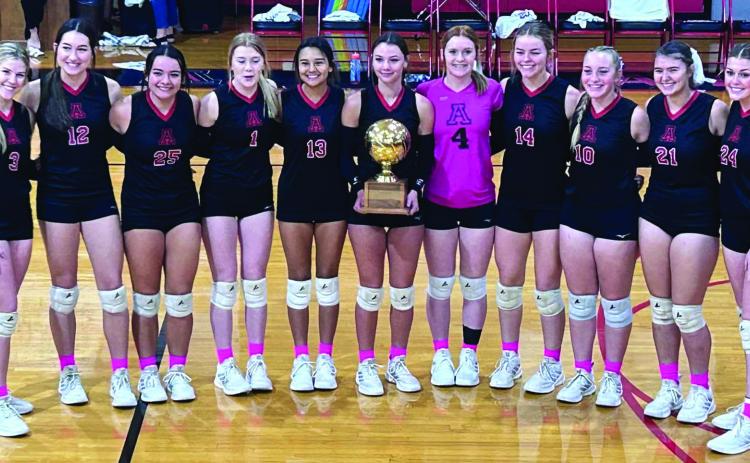 District 8-1A Volleyball Champion Aspermont Lady Hornets L-R: Mylee Van Meter, Jessi Rabel, Peyton Calamaco, Matti Polk, Leah Salazar, Addi Shugart, Tatum Polk, Shelby Martin, Raelynn Bradley, Shelby Roberson, Georgia Fraser. (COURTESY PHOTO)
