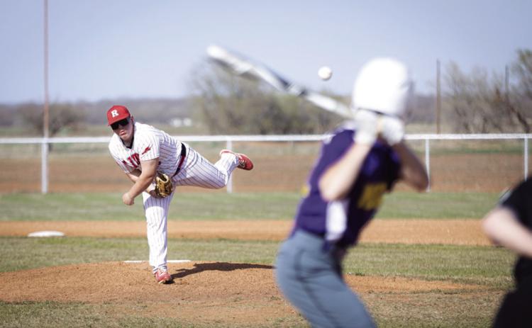 Roby's Kooper McWilliams pitching in the opening minutes of the Lion's 28-17 win over the Munday Moguls this past Monday. Photo by Mark Martinez