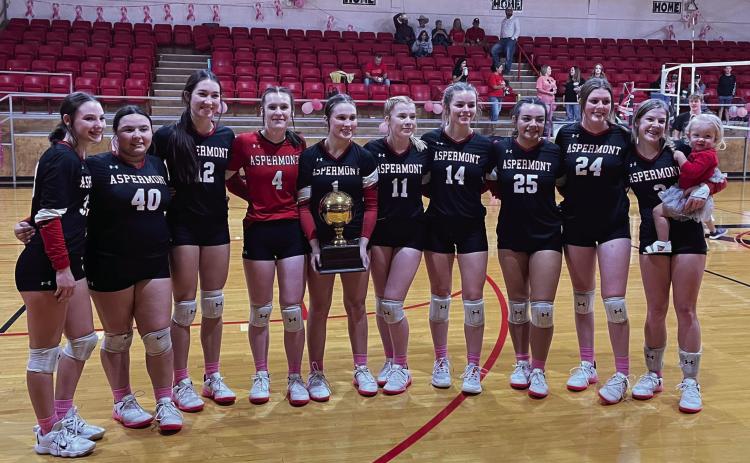 District Champion Aspermont Hornets L-R: Addi Shugart, Mckayla Daniel, Jessi Rabel, Tatum Polk, Kelly Lowack, Maddi Polk, Shelby Martin, Peyton Calamaco, Georgia Fraser, Mylee Van Meter, Coley English.