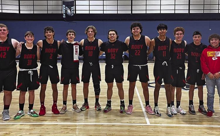 Roby Lions brought home the championship title at the TLCA tournament in Abilene. They won the championship game against Ranger with a score of 52-32. Earlier in the tournament they had an intanse game against Brooksmith winning 45-44 and also defeated Rising Star 45-36. Pictured left - Coach Zack Ryan, Kooper McWilliams, Houston Few ,Josh Adames, Dawson Shipp, Brennan Faucett, Drew Carreon, Ethan Hernandez, Cruz Perez, Brady Etheredge, Cohen Lakey, Zac Flores, Coach Caleb Williams.