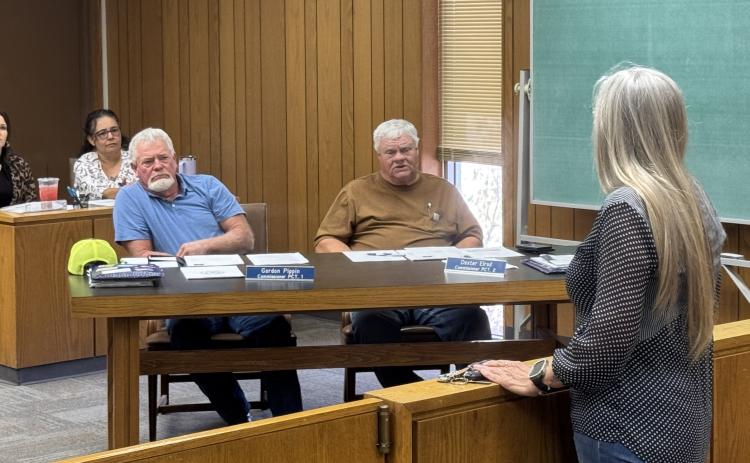 Rotan City Administrator Carla Thornton Speaks to the Fisher County commissioners Court on Monday, ahead of officials approving funding to upgrade city’s animal control facilities.