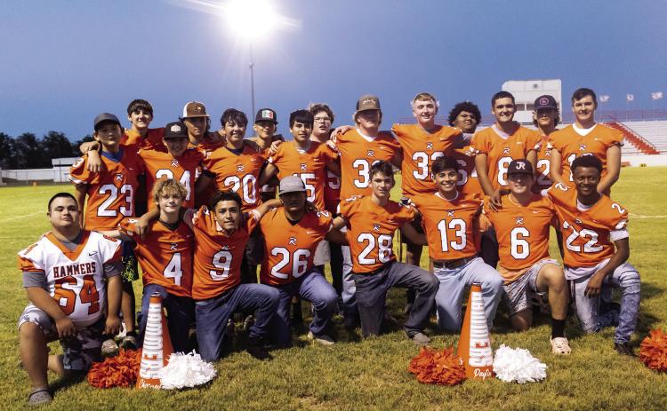 Yellowhammer Football Team Standing L-R: John Fillingim, Jason Daniel, Chris Newton, Cristian Garcia, Cody Means, Jose Garza, Pablo Robles, Robert Montez, Michael Moffett, Hunter Harris, Jayden Louis, Corbin James, Justin Palacios, Justin Shelley. Kneeling L-R: Jacob Luevano, Braxton Mollete, Austin Flores, Manuel Menchaca, Reese Weatherly, Jaxon Warren, Juan Garza, Jordan Daniel.