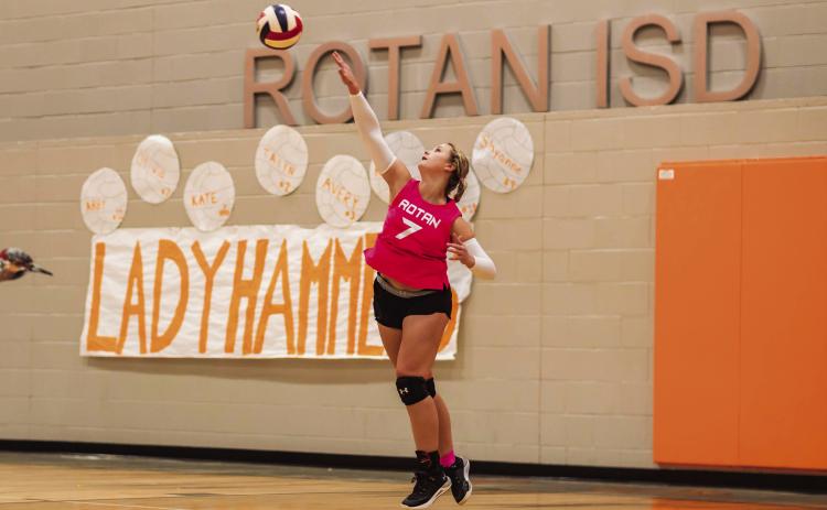 Rotan's Olivia Messick serves during the Lady Hammers 3-0 win over the Trent Lady Gorillas Tuesday night. Her along with fellow seniors Shyanne Gaspar &amp; Karlie Buchanan were recognized at the final home game of the season. The win over Trent brings the Lady Hammers district record to 2-1. Their next match will be a round 2 bout with Aspermont this Saturday in Aspermont at 10am. Photo by: Mark Martinez