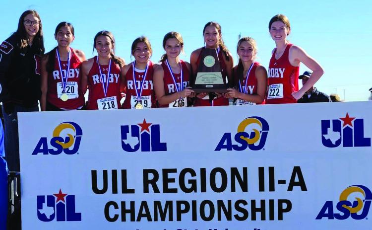 Roby Lady Lion Regional Cross Country Champion Team: Hope Garmer, Ivy Espinoza, Avery Carreon, Emma Carreon, Chasity Benson, Hailee Garmer, Lily Benson, Taylor Jeffrey.