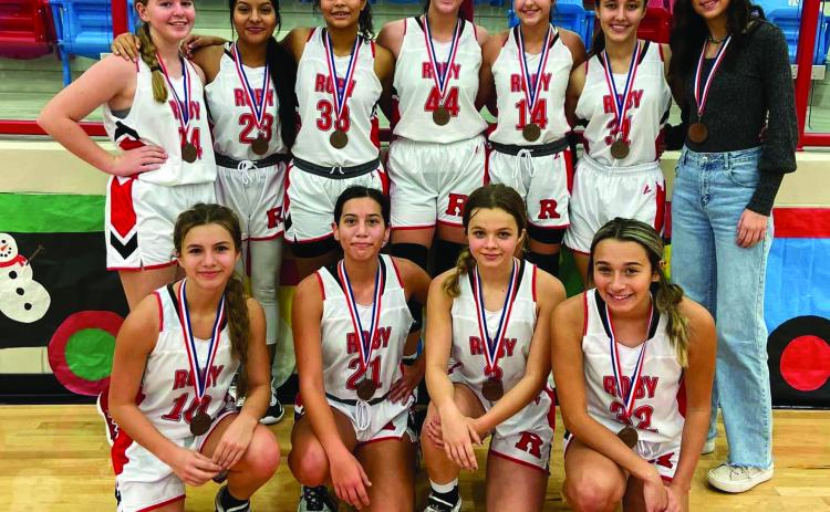 Lady Lion Consolation Championship team at Borden Co. tournament: Standing L-R: Keegan McWilliams, Chelsea Jimenez, Joselynn Williams, Mackenzie Castillo, Hailee Garmer, Laja Mawick, Hope Garmer. Kneeling L-R: Lilly Benson, Ivy Espinoza, Chasity Benson, Avery Carreon.