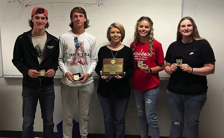 Aspermont UIL Computer Science 1st Place Team: Wesley Koenig, Kade Morris, Instructor Allison Martin, Shelby Martin, Katie Passman.