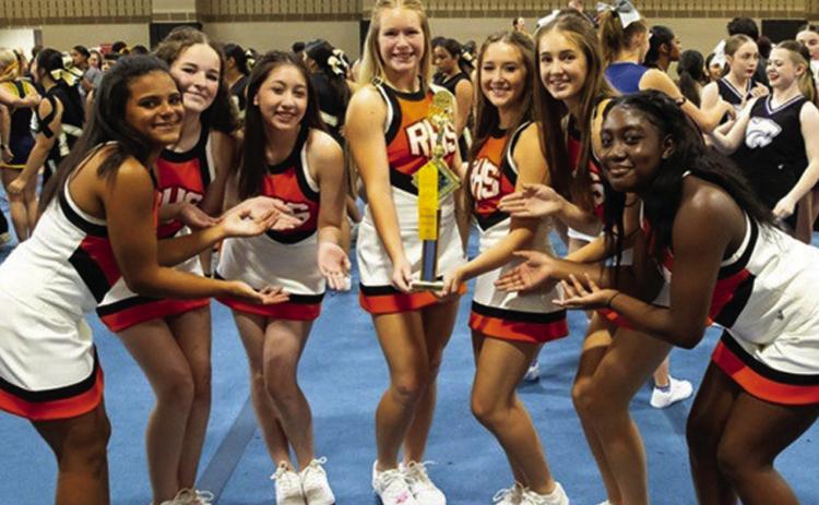 Rotan Varsity Cheer squad L-R: Cali Daniel, Alexus Stephens, Joey Lujan, Talyn Lewis, Avery Gonzalez, Kate Van Poppel, Deandrea Lee