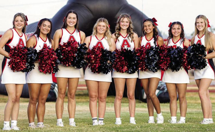 Aspermont Hornet Cheer Squad L-R: Aubrye Conoly, Peyton Calamaco, Jessi Rabel, Regan Polk, Hadley Mclaury, Leah Salazar, Daisy Garcia, Mylee Van Meter. The Hornet Cheer Squad is set to perform this Thursday at the UIL State Spirit Competition in Fort Worth at 11:50am. Performance can be watched at www.nfhsnetwork.com PHOTO BY MARK MARTINEZ