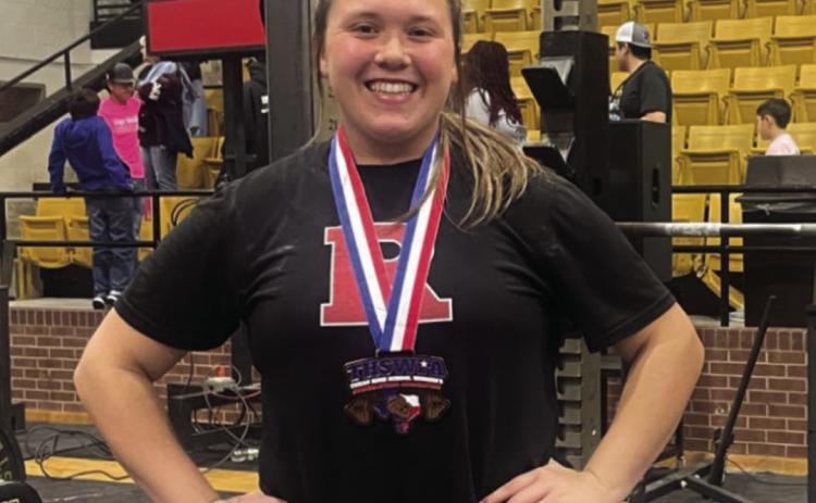 Roby senior Calie Hernandez competed at the THSWPA Regional Powerlifting Meet in Big Spring last Thursday. She would go on to finish 2nd overall in the 220 weight class with a weight total of 760 pounds through all events, securing her a spot at the Texas High School Women's Powerlifting State Championships at Bert Odgen Arena in Edinburg, TX. She will compete during the 1A-2A portion on Wednesday, March 12th starting at 8am. Courtesy Photo.