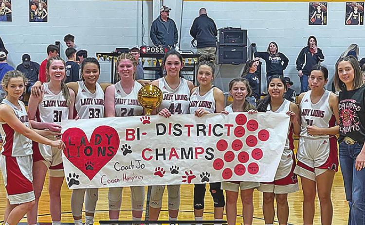 Bi-District Champion Lady Lions Top L-R: Chasity Benson, Callie Humphrey, Joselynn Williams, Laney Stewart, Mackenzie Castillo, Hailee Garmer, Lilly Benson, Carly Jimenez, Ivy Espinoza, Hope Garmer.