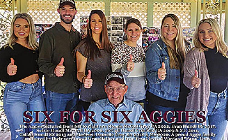 Papa’s Aggie Grandchildren: Kelsie Hundl Mitchell BA 2008, McCall Hundl Crihfield BA 2009 &amp; ME 2011, Callan Hundl BS 2013 and Madison Gray BA 2018 &amp; MS 2020 and Mamie McCall Gray BA 2022.