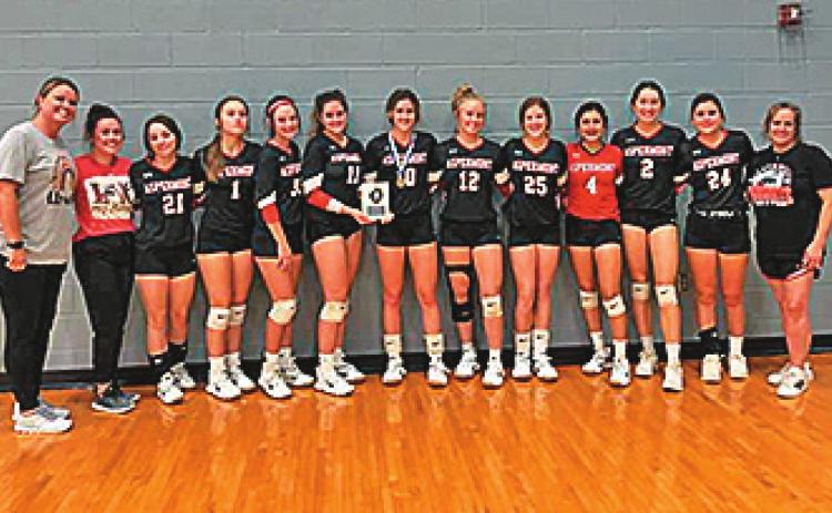 High School Football Team: (l to r) Coach Tiffany Potts, Coach Jerica Walker, Amilia Hecht, Kelly Lowack, Addi Shugart, Celie Gentry, Sadie Gentry, Payton Potts, Mylee Van Meter, Patricia Murguia, Jessi Rabel, Shaincey Polk, Coach