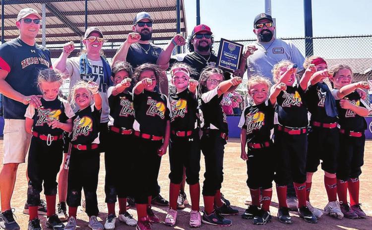Back row left to right: Coaches - Joe Posey, Ann’e Posey, David Crawford, Devin Carrion, Rinaldo Constancio Back row left to right Laikyn Posey, Blakely Constancio, Isabella Carrion, Scarlet Carrion, Hadley Crawford, Raegan Carter, Cheyanne Lindsey, Sadie Smith-MVP RECOGNITION, Aurora Street, Kinsley Chisum (Photo submitted by Lauren Constancio)