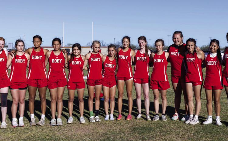 District Track &amp; Field Champion Roby Lady Lions L-R: Abigail Carlisle, Saylor Smith, Joselynn Williams, Ivy Espinosa, Emma Carreon, Brylie Duniven, Lilly Benson, Hailee Garmer, Taylor Jeffrey, Chasity Benson, Calie Hernandez, Avery Carreon, Carly Jimenez, Yessica Perez.