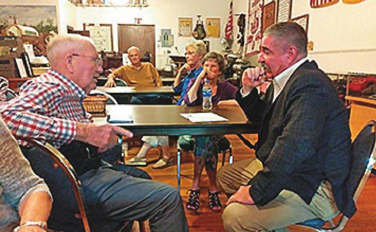 County Judge Ken Holt discussed issues in Fisher County with Treasurer Bobby Gruben before his presentation at the Fisher County Historical Commission on July 6th. VP Jerry Fry, President Dot Harris and Member Patsy Lawrence are in the background