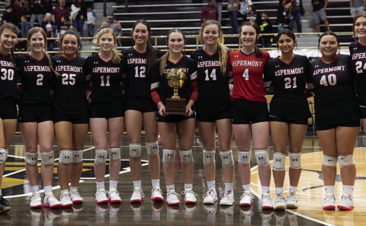 Area Champion Aspermont Lady Hornet Volleyball Team L-R: Raelyn Bradley, Shelby Roberson, Mylee Van Meter, Peyton Calamaco, Matti Polk, Jessi Rabel, Kelly Lowack, Shelby Martin, Tatum Polk, Alexus Garcia, Mikayla Daniel, Georgia Fraser, Addi Shugart. The Lady Hornets defeated the Marathon Lady Mustangs Saturday Nov. 5 to claim an Area Championship. On Tuesday Nov. 8, they would take on the Veribest Lady Falcons in the Regional Quarterfinals, but would ultimately fall in 0-3 in hard fought sets.