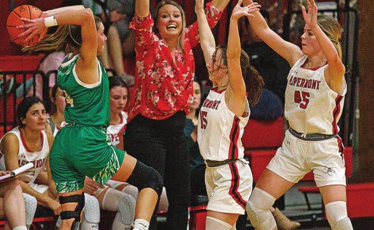 Lady Hornets Amilia Hecht &amp; Shelby Martin under direction of coach Tiffany Potts throw their hands up to defend against the Lady Piper offense. Photo by: Mark Martinez