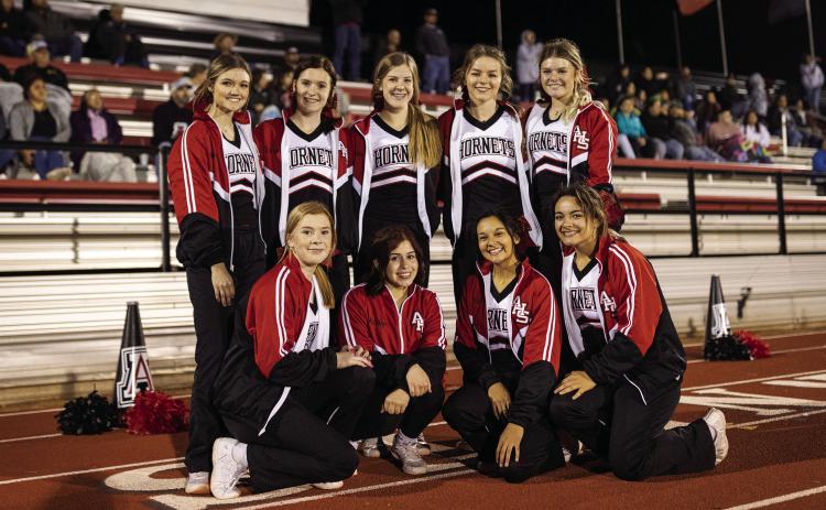 Aspermont Hornet cheer squad: Hadley McLaury, Tatum Polk, Mylee Van Meter, Shelby Martin, Regan Polk, Matti Polk, Katelyn Salinas, Leah Salazar, Peyton Calamaco.