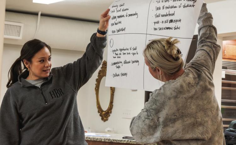 Rotan ISD district residents Heather Buccannen and Becca Stanley presented one of six group SWOT analyses during Tuesday's strategic planning meeting with school officials and district advisors.
